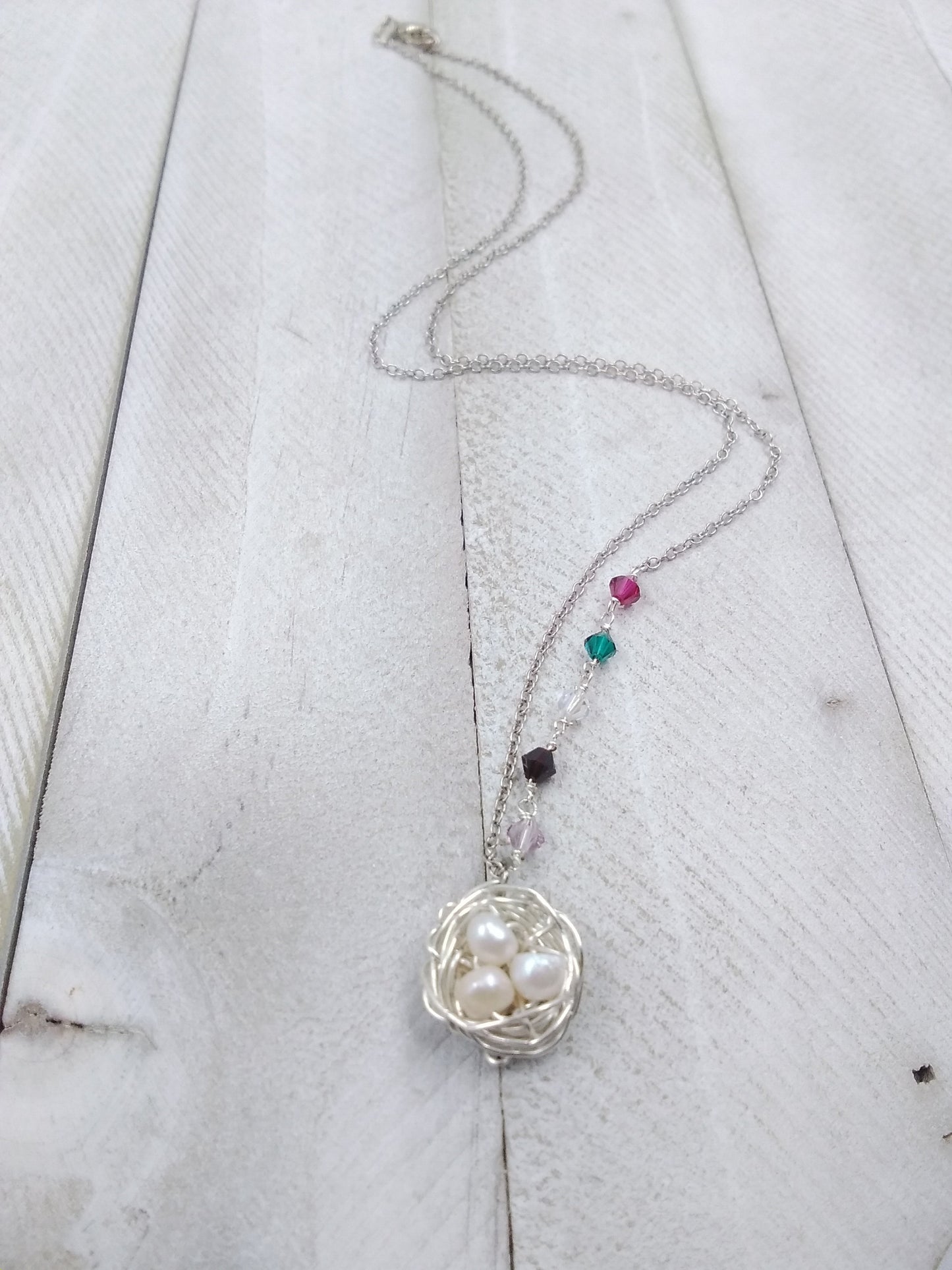 Mothers Day Pearl Nest Pendant with Family Birthstones