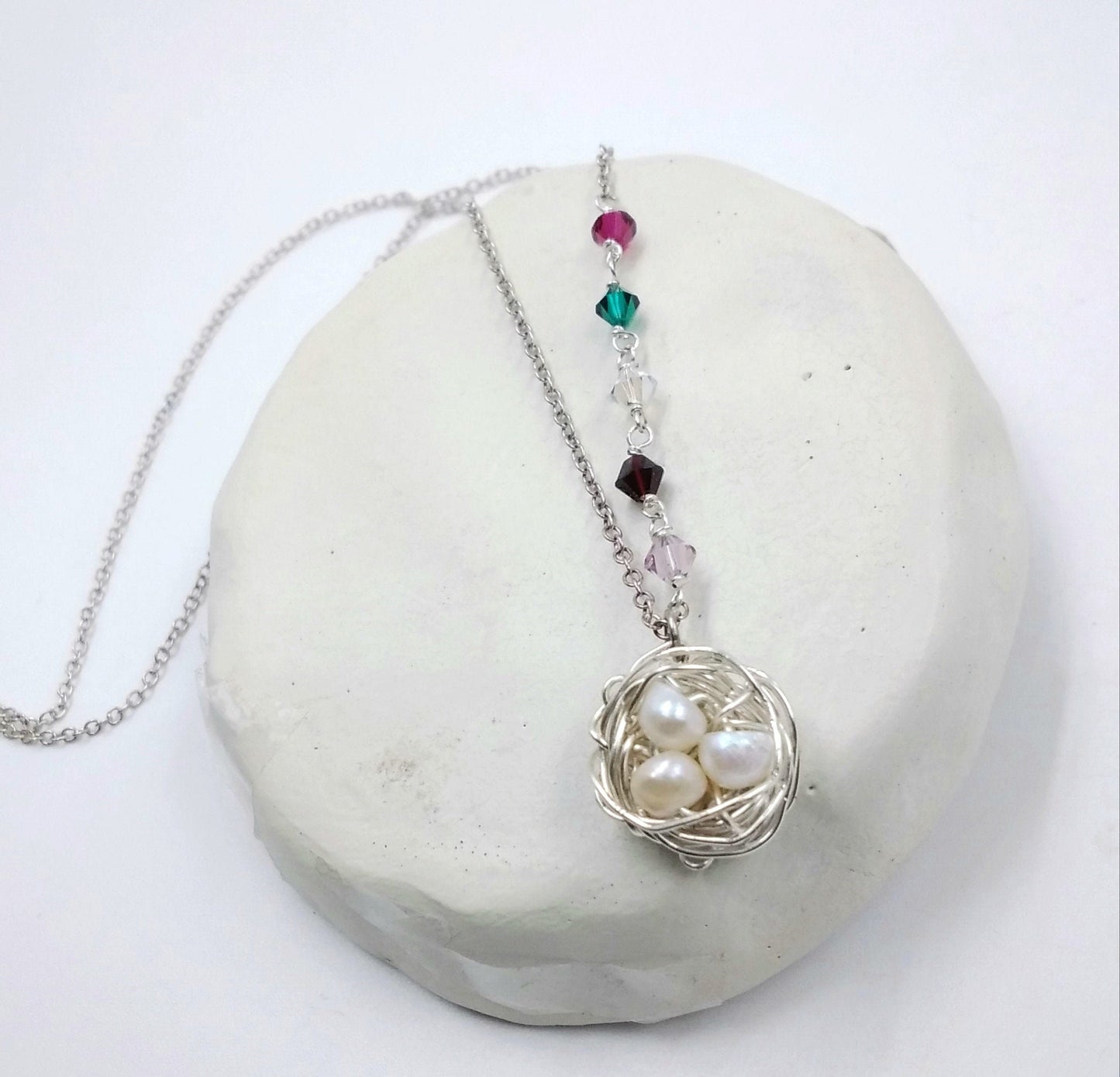 Mothers Day Pearl Nest Pendant with Family Birthstones